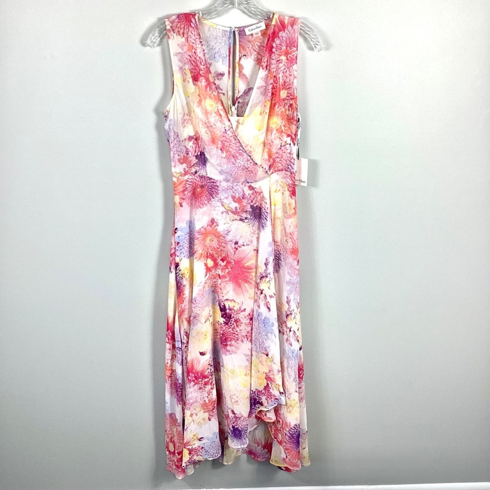 NWT Calvin Klein Women's Sz 6 Floral Chiffon‎ High-Low Wrap Maxi Dress Feminine